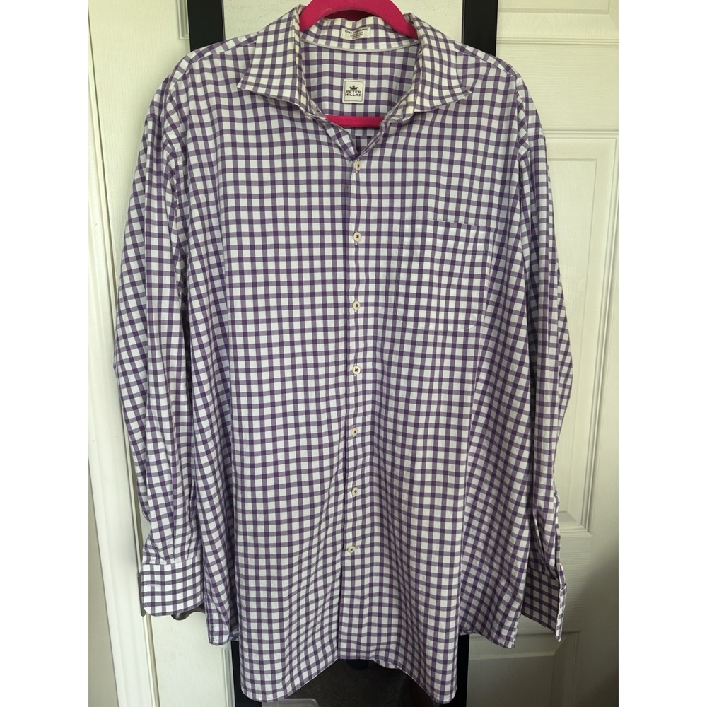 PETER MILLAR Mens XXL Purple/White Gingham Checked Button Down Long Sleeve Shirt